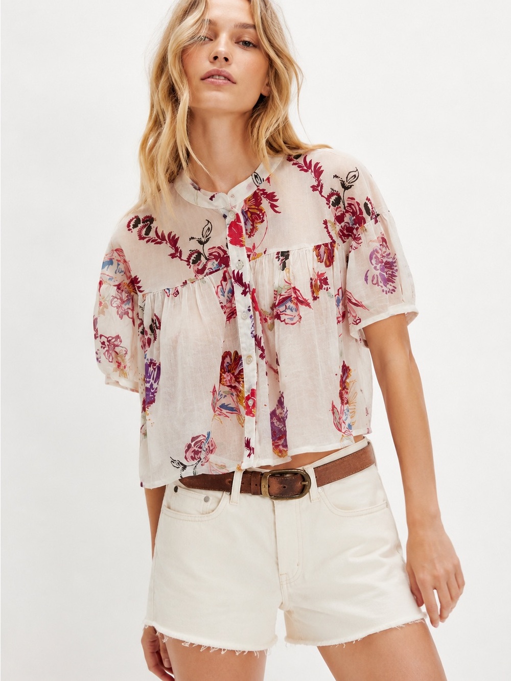 Free People Sweet Escape Floral Print Button Front Blouse XS Boho Sheer cotton